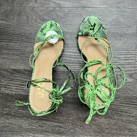 Ego Good-Vibes Strappy Lace Up Square Toe Low Block Heel In Green Snake Print - Picture 2 of 3